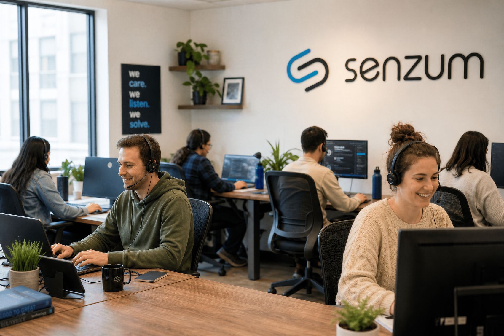 Öppet kontorslandskap där medarbetare i headset arbetar vid sina skärmar, med Senzums logotyp på väggen